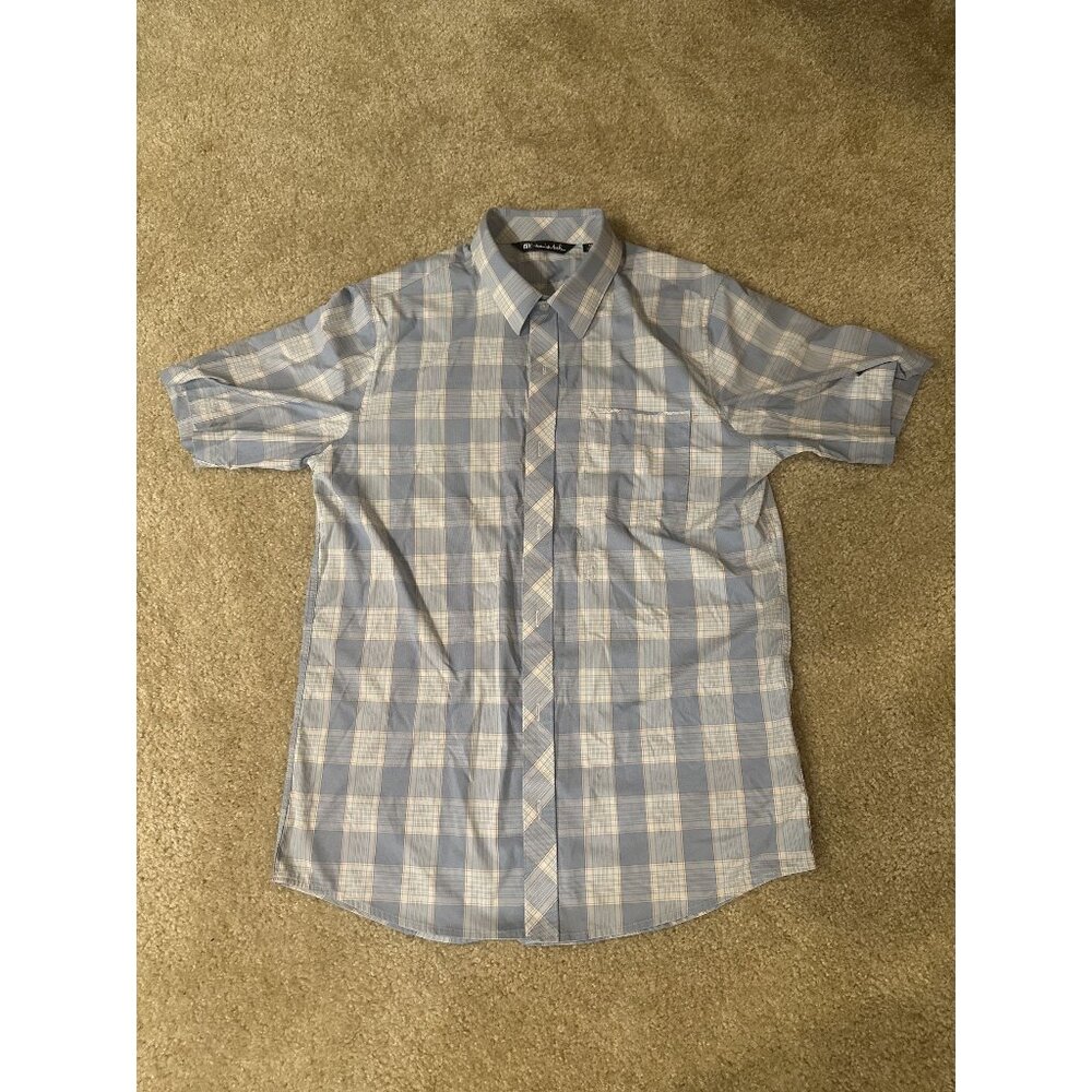 Travis Mathew Shirt Mens Size Medium Blue Plaid Button Up Short Sleeve Stretch